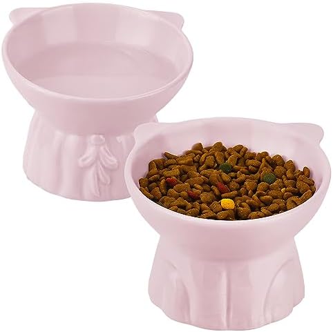 Elevated Cat Bowls 2-Pack, Ceramic Raised Cat Food & Water Dishes - Extra Wide & Shallow Whisker-Friendly Design, Anti-Vomit & Easy Digestion, Lead/Cadmium-Free, Microwave & Dishwasher Safe (Pink) by Hovico