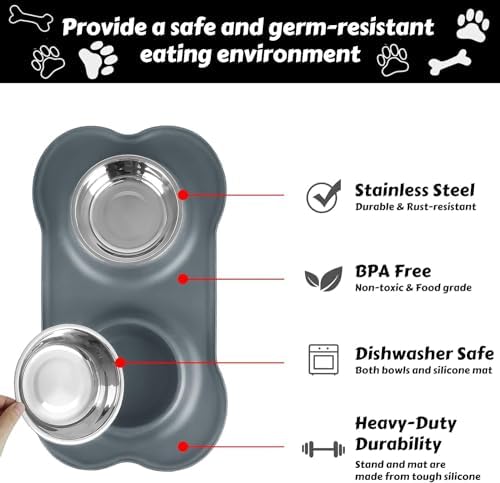 AsFrost Dog Food Bowls, BPA Free Stainless Steel Dog Food and Water Bowl Set, 2 Large Dog Bowls with No Spill Non-Skid Silicone Mat, Dog Dishes for Medium Large Sized Dogs Pet Bowls, 6 Cup, Grey - Image 3