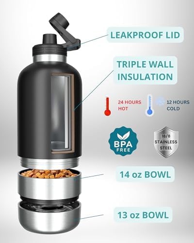 Dog Water Bottle, Insulated Dog Travel Water Bottle, Stainless Steel Pet Water Bottle Dispenser Portable Food and Water Bowl for Dogs with Carrying Case for Walking Dog Canteen Travel Kit - Image 2