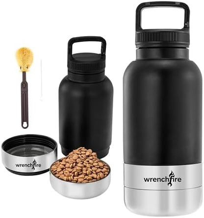 32 oz Instulated Stainless Steel Dog Water Bottle with 2 Detachable Bowls,Portable Cat Travel Dispenser with Brush for Walking Hiking Camping,Black by Wrenchfire