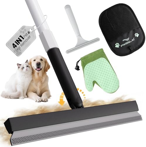 Carpet Rake for Pet Hair Removal Tool - 4 in 1 Pet Hair Remover Kit for Dog Cat Fur Remover, Contain 60" Adjustable Rubber Broom, Glove, Magic Brush and Scraper for Furniture (Black) by PWBSLAI