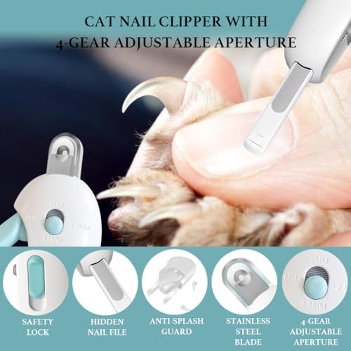 Cat Nail Clipper, Cat Nail Trimmer with Adjustable 3-Size Trimming Hole & Hidden Nail File, Anti-Splash Claw Cutter with Debris Catcher for Kittens, Adjustable Aperture Pet Blue Nail Clippers - Image 3