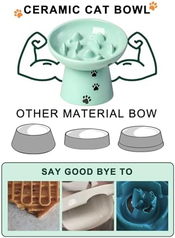 Y YHY Slow Feeder Cat Bowl, Ceramic Cat Slow Feeder Bowl, 6 Inches, Elevated, Anti Vomiting for Dry and Wet Food, Green - Image 5