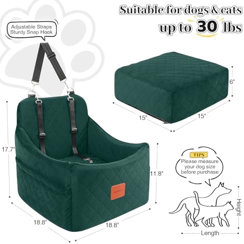 Dog Booster Car Seat for Dogs up to 35lbs, Safety Pet Car Seats with Anti-Slip Bottom, Travel Booster Dog Bed with 2 Storage Pockets (Green, Medium) - Image 2