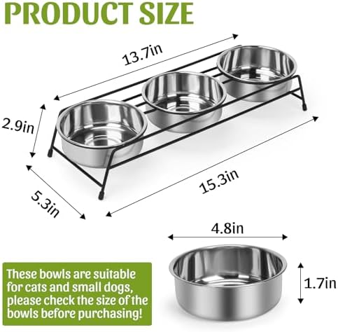 Raised Cat Bowls Triple Dog Cat Feeder Holders 3 Stainless Steel Elevated Pet Water Food Bowl for Cats Puppies Rabbits (3 Bowls) - Image 5
