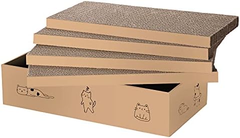4 Packs in 1 Cat Scratch Pad with Box, Cat Scratcher Cardboard,Reversible,Durable Recyclable Cardboard, Suitable for Cats to Rest, Grind Claws and Play with Scratch Box by Mankaide
