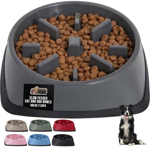 GORILLA GRIP® Patented Slow Feeder Dog and Cat Bowl, BPA Free, 2 Cup Gray by GorillaGrip