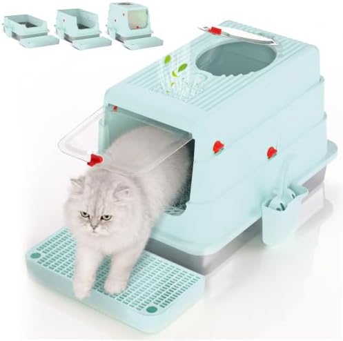 4-in-1 Stainless Steel Cat Litter Box with Lid and High Sides, Mint Pop by Labeta