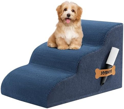 Romrol Dog Stairs Ramp for High Beds Couches, High Density Foam Pet Steps with Durable Non-Slip Waterproof Fabric Cover, Dog Stairs for Small Dogs or Cats or Pets, 3-Step,15 Inch,Dusty Blue by Romrol