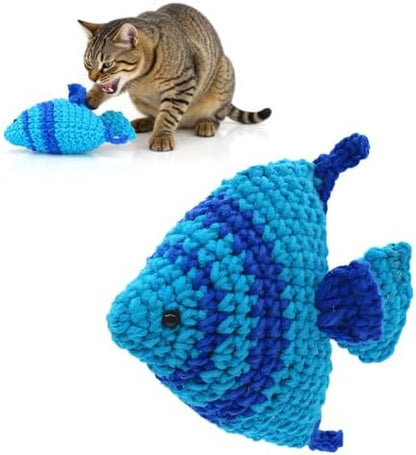 Catnip Fish Toy - Hand-Crocheted with Real Catnip & Bell, Interactive Kicker Toy for Cats Kitten, Soft & Safe for Biting by Waodoing