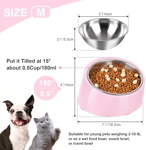 Tilted Dog Bowl Non-Slip & Non-Spill Pet Feeder with Elevated Detachable Melamine Stand, Easy to Get Food Dog Dish, M/180ml Pink - Image 2