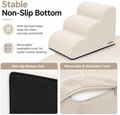 3-Step Foam Dog Stairs for Small Dogs, Couch & Bed, Beige - Image 7