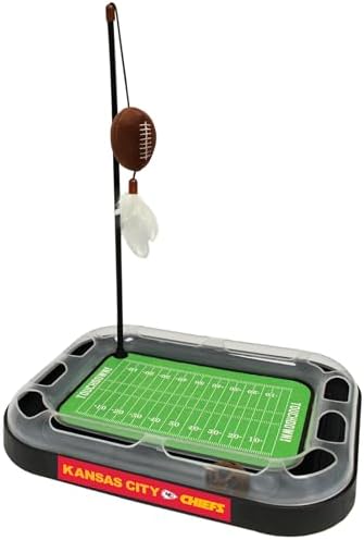 Pets First Cat Plush Toy KANSAS CITY CHIEFS FOOTBALL FIELD CAT SCRATCHER TOY with CATNIP Filled Plush FOOTBALL Toy & Feather Cat Toy hanging, Jingle Bell INTERACTIVE BALL Cat Chasing 5-in-1 KITTY Toy by PETSFIRST