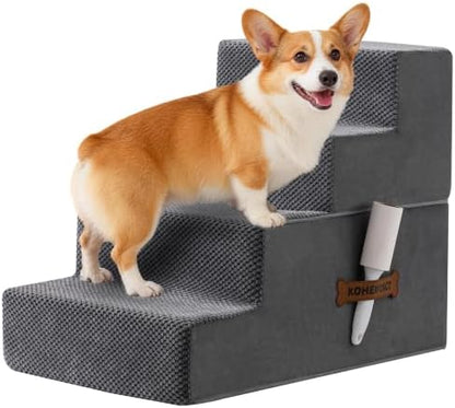 Dog Stairs, Steps and Ramp for High Bed & Sofa, 13-24" H Detachable Pet Stairs for Small Medium Dogs, Sturdy 40D Foam, Non-Slip, Washable Cover with Lint Roller, Grey by Kohentact