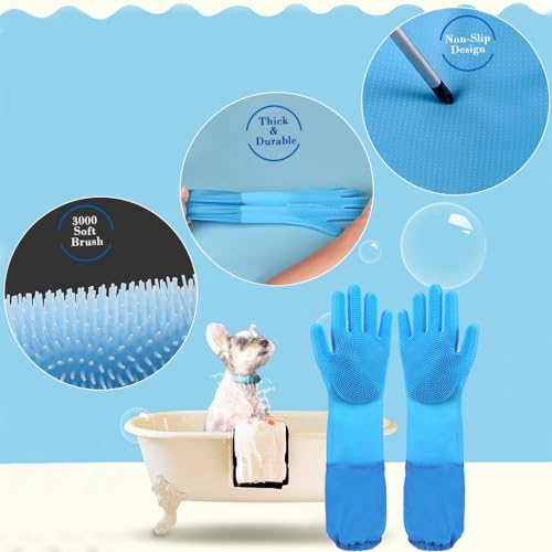 Pet Grooming Gloves Pet Hair Remover Cat, Dog Washing Gloves Silicone Heat Resistant Cleaning Gloves with High-Density Teeth Grooming Gloves for Dogs, Cats, Horses (2 Pairs - Blue & Gray) - Image 3