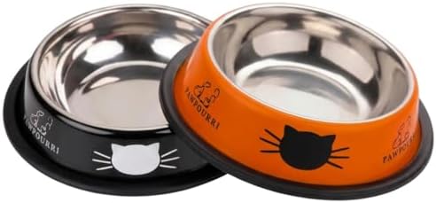 2 Pack Printed Stainless Steel Cat Bowls – 8.1 fl oz Anti-Skid Food & Water Cat Feeding Bowls|Cat Dish for Food and Water Bowl|Cat Feeding Bowl for Kitten (Black & Orange) by PAWPOURRI