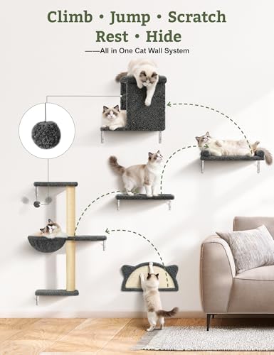 5-in-1 Cat Wall Shelves, Solid Wood Cat Wall Furniture Set for Indoor Cats - Image 2