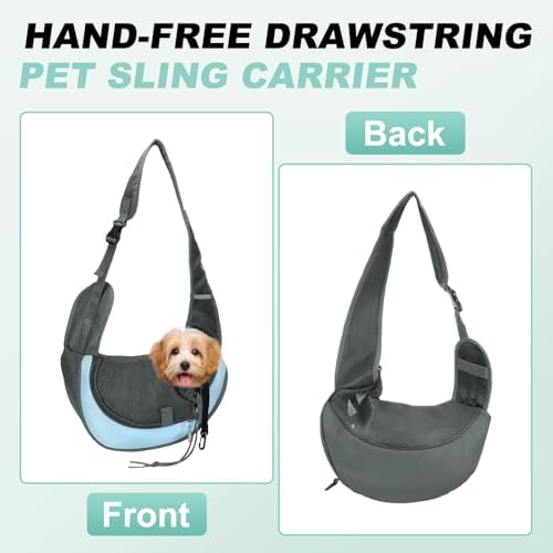 Dog Sling Carrier for Small Pet Up to 13.2 lbs Hand-Free Drawstring Pet Sling Carrier with Safety Hook & Adjustable Strap, (Sky Blue, 1 Pcs) Intended for Hiking and Camping - Image 4