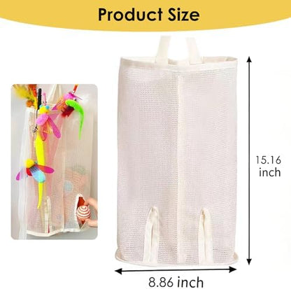 15.16" Cat Wand Toy Holder Organizer Storage Bag - Special Bottom Opening Design, Pet Kitten Stick Doy Toy Mesh Pockets for Cat Feather Teaser Toys Wall Hanging Basket Box Bin (Beige, Double) - Image 3