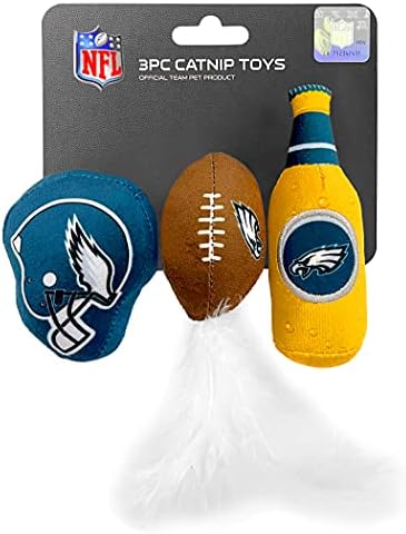 BEST PLUSH CAT TOY NFL PHILADELPHIA EAGLES Complete Set of 3 piece Cat Toys filled with Fresh Catnip. Includes: 1 Helmet Cat Toy, 1 Football Cat Toy with Feathers & 1 Beer Bottle. Beautiful Team LOGOS by PETSFIRST