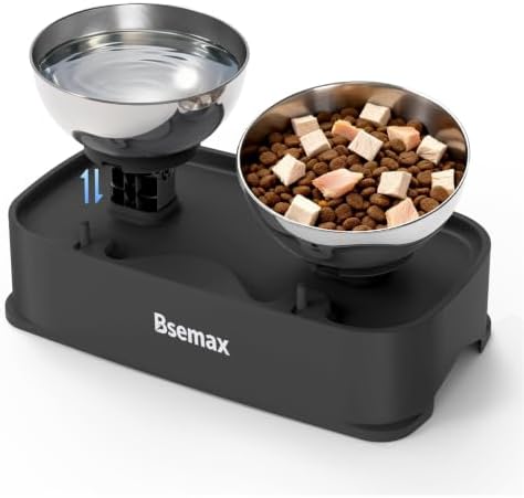 Adjustable Elevated Cat Bowls with 2 Stainless Steel Bowls 6.1”–7.3” Raised Feeding Station with 30° Tilt to Reduce Vomiting & Neck Strain, Stable Non-Slip Stand for Indoor Cats, Small Dogs & Puppies by Bsemax