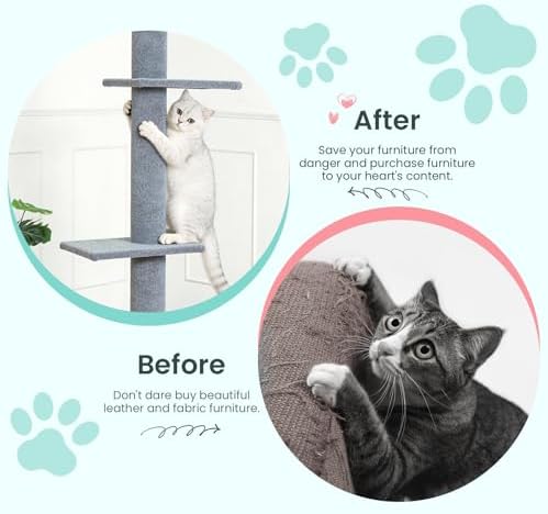 Max & Marlow 95-108" Floor to Ceiling Cat Tree for Indoor Cats, Light Grey - Image 5