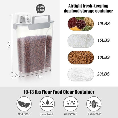 LEAWALK 10-13 Lbs Upgrade Capacity Dog Cat Food Storage Container, Pet Dog Treat Container, Airtight, Clear Bucket Body, With 2-Cup Scoop, Handle, Large Nozzle, 4-Safety Buckles, Easy to Clean, Gray - Image 3