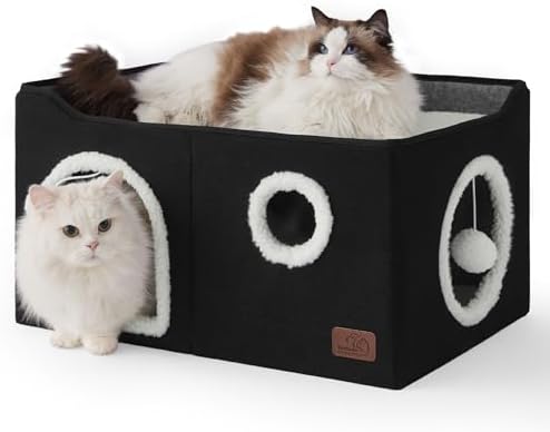 Bedsure Extra Wide Cat House Bed with Fluffy Ball and Scratch Pad,Black by BEDSURE