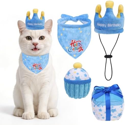 Cat Birthday Decorations Catnip Toys for Indoor Cats,4 Pack Cat Birthday Party Supplies with Birthday Hat,Bandana,Cake & Gift Box Interactive Plush Kitten Toys Filled with Crinkle Paper,Catnip by ENRICHYOURPETSHOUSELIFE