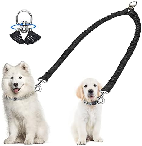 360° No Tangle Dual Dog Leash Coupler with Shock Absorbing Bungee by Zhilishu
