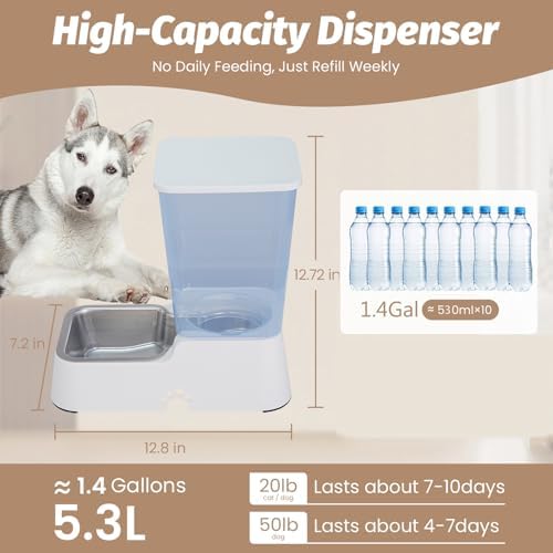 Automatic 5.4L/1.4Gal Pet Waterer, Pet Automatic Dog Water Dispenser Gravity Stainless Steel Water Feeder, Large Capacity Feeding Bowls for Cats and Medium & Large-Sized Dogs (White, Water) - Image 5