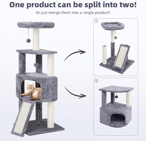 HUITREE 45in Cat Tree Tower with Big Condo for Indoor Kitten,Cat Tower with Scratching Post,Scratching Board and Cat Toys,Multi-Level,Small Space,Transformer Cat Tree, Grey(New) - Image 2
