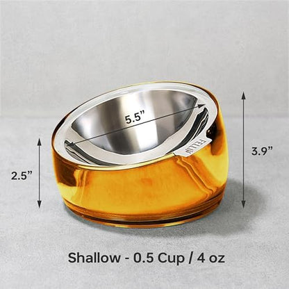 Felli Pet Oblik Whisker Fatigue Cat Food Bowl Raised Stainless Steel Shallow Dish, Pet Design Anti Vomit Tilted Metal Plate Feeder Elevated Acrylic Base for Treats Storage(Gold, 0.5 Cups Shallow Dish) - Image 4