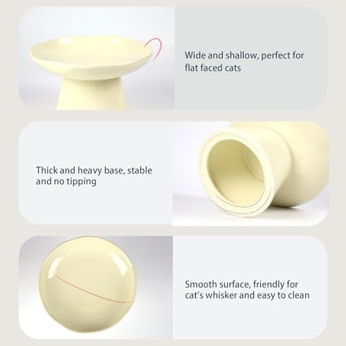 Wide Shallow 6.1" Raised Cat Bowls, Ceramic Elevated Food Plate for Flat Faced Cats and Small Dogs, Porcelain Feeder Bowl, Stress Free, Protect Cat’s Spine, Cream - Image 3