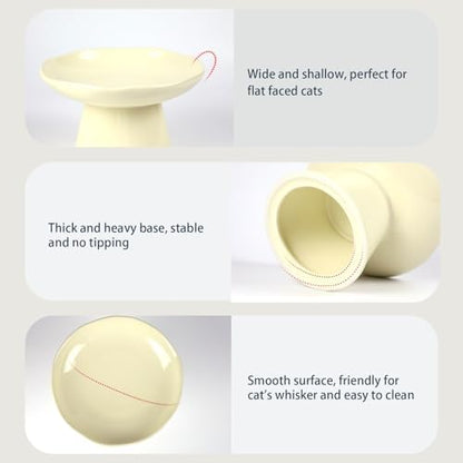 Wide Shallow 6.1" Raised Cat Bowls, Ceramic Elevated Food Plate for Flat Faced Cats and Small Dogs, Porcelain Feeder Bowl, Stress Free, Protect Cat’s Spine, Cream - Image 3