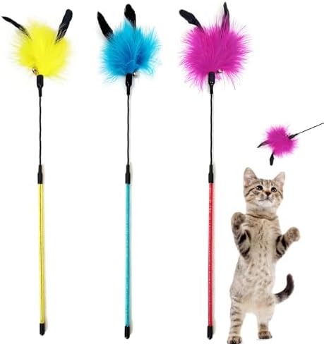 Cat Wand Toy 3 PCS Soft Turkey Feather Teaser Wands with Bell for Indoor by IUHKBH