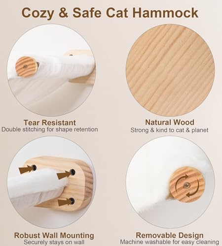Cat Scraching Post Wall Shelves Set of 3 –1 Floating Fabric Hammock, 2 Cat Wall Ladders with 4 Steps EachWall Mounted Bed Furniture & Climber for Large Cats, Indoor Wall Playground - Image 3