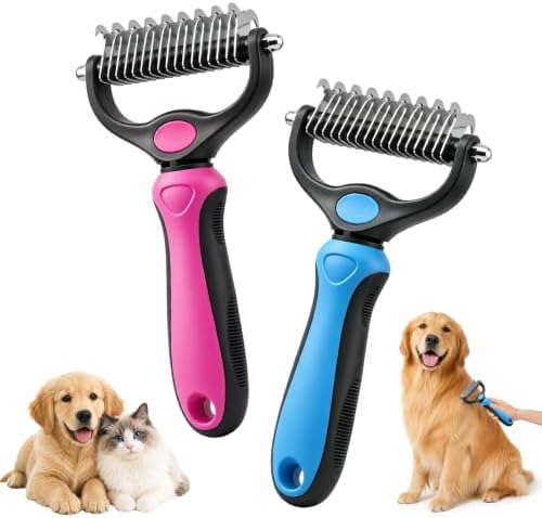 Dematting Comb for Dogs and Cats, Pet Grooming Rake, Double Sided Deshedding Brush for Dogs & Cats, Deshedding Dog Brush Removes Tangles Knots and Loose Fur for Long Haired Pets (Blue+pink) by Unknown