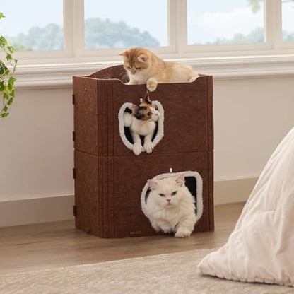 Joydeco Cat House for Indoor Cats, 2 Story Scratch Resistant Felt Cat Condo, Hideaway Pet Cave Bed with Fluffy Ball and Tunnel for Kitten, Small Dogs, Rabbits, 17.7 x 13.3 x 24, Coffee - Image 5