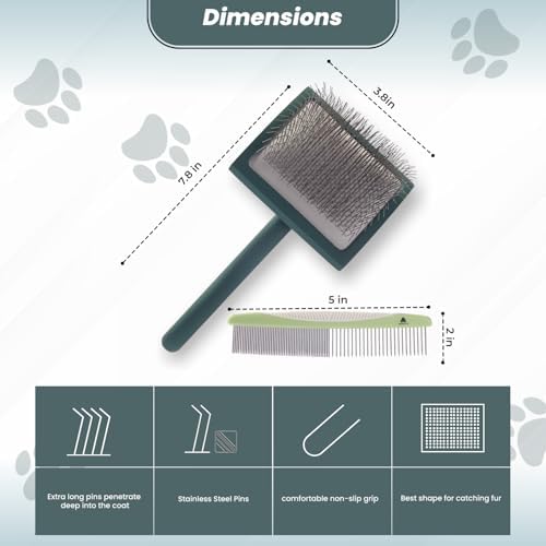 Self- Cleaning Slicker Brush for Dogs Suitable for Short & Long Haired Dogs and Effective Deshedding for Pet Grooming, Undercoat Removal, Tangle-Free Fur (Green Brush + Comb) - Image 2