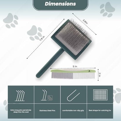 Self- Cleaning Slicker Brush for Dogs Suitable for Short & Long Haired Dogs and Effective Deshedding for Pet Grooming, Undercoat Removal, Tangle-Free Fur (Green Brush + Comb) - Image 2