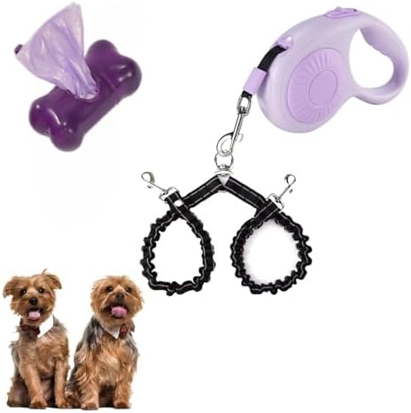 Double Dog Leash for Walking 2 Small Dogs (Up to 33 Lbs Each), Dual Retractable 9.8ft Extendable Strong Nylon Tape Pet Leash with Poop Bags, One-Handed Brake, Pause, Lock (Purple) by FEGCZP