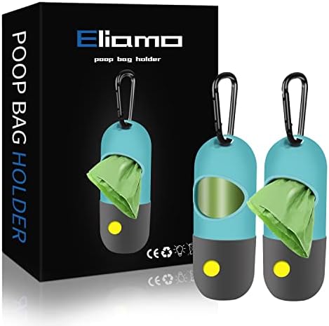 2 Pack Dog Poop Bag Dispenser with Built-in LED Flashlight, Pet Waste Bag Holder for Leash with Carabiner Clip for Lead Leash, 2 Rolls Leak-proof Doggy Waste Bags for Dog Walking, Blue,Eliamo by Eliamo