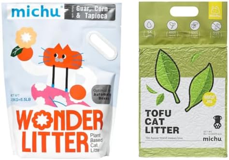 Michu Tofu Cat Litter Natural Clumping Tofu Cat Litter 5.5lb/88oz 5 Scents (Greentea + Wonder Litter, 2 Pack) by Michupet