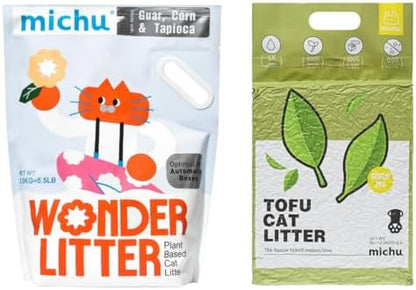 Michu Tofu Cat Litter Natural Clumping Tofu Cat Litter 5.5lb/88oz 5 Scents (Greentea + Wonder Litter, 2 Pack) by Michupet