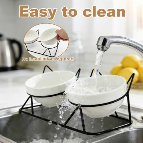 Elevated Tilted Cat Bowls for Indoor Cats，Raised Ceramic Cat Bowl Elevated 15°,Pet Feeding Bowls for Food and Water Anti Vomiting Bowl(Double Ceramics and Tilt Shelf) Suitable - Image 6