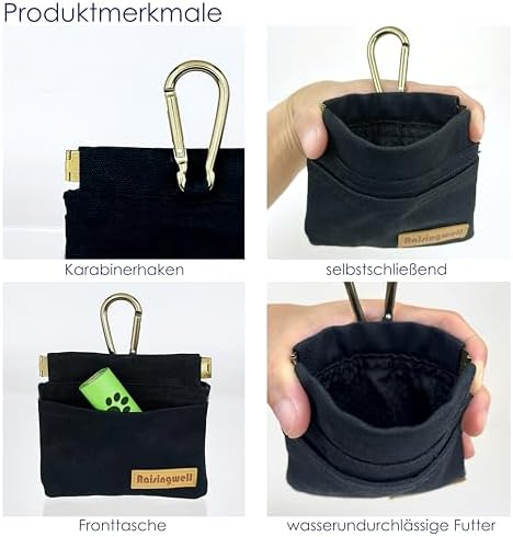 Raisingwell Dog Treat Pouch, Black Pocket Sized Pet Training Pouch, Cotton Fabric, Hand Free Dog Walking Bag with Carabiner, Self-Closing Pet Feed Snack Reward, for Pet Puppy Travel or Outdoor Use - Image 3