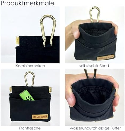 Raisingwell Dog Treat Pouch, Black Pocket Sized Pet Training Pouch, Cotton Fabric, Hand Free Dog Walking Bag with Carabiner, Self-Closing Pet Feed Snack Reward, for Pet Puppy Travel or Outdoor Use - Image 3