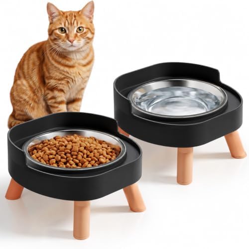 Elevated Cat Bowls, 2P Raised Cat Food and Water Bowl Set for Indoor Cats, Splash Proof with 2 Stainless Steel Food Bowls for Cats ＆ Puppies, Whisker Friendly and Dishwasher Safe - Black by HIAIEVIY