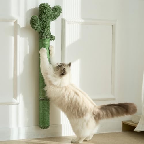 Wall Mounted Cat Scratcher, 35” Extra-Tall Vertical Sisal Scratching Post for Large Cats, Space-Saving Wall Cat Scratcher with Hanging Ball Toy, Cactus Design, Green by SUNRUI